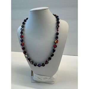 Vintage Murano Millefiori Glass Bead Necklace Red Cord Brass Barrel Clasp 17in